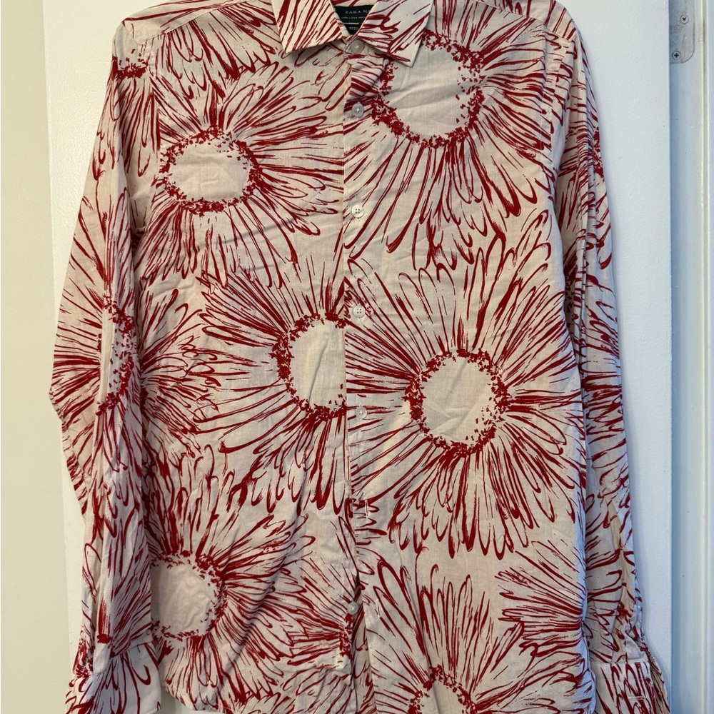 Zara Man Red and White Floral Button Down
